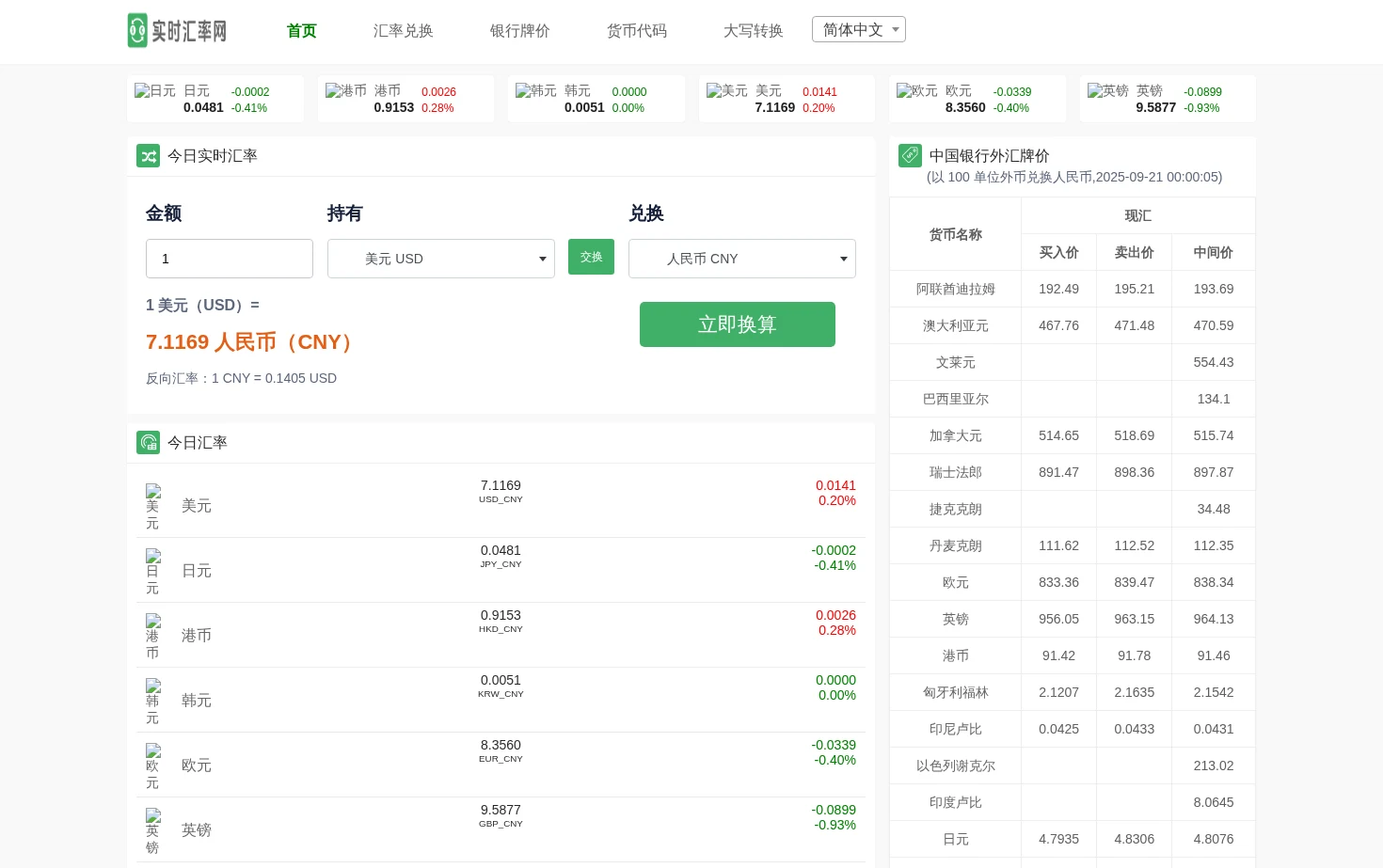 在线实时汇率换算工具 页面快照